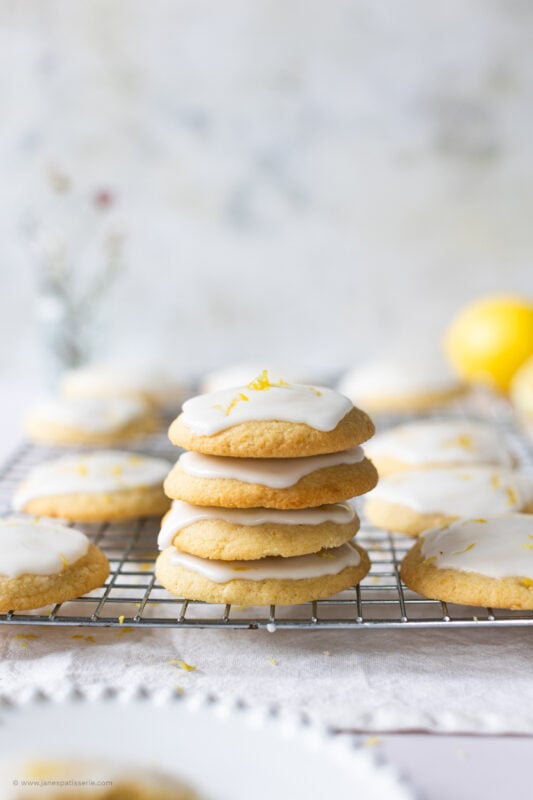A stack of glazed lemon cookies