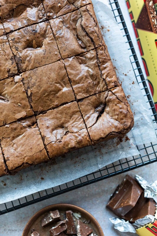 a cooling tray of Toblerone Brownies having been cut into 16
