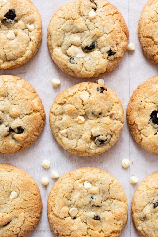 A worktop of White Chocolate and Cranberry Cookies