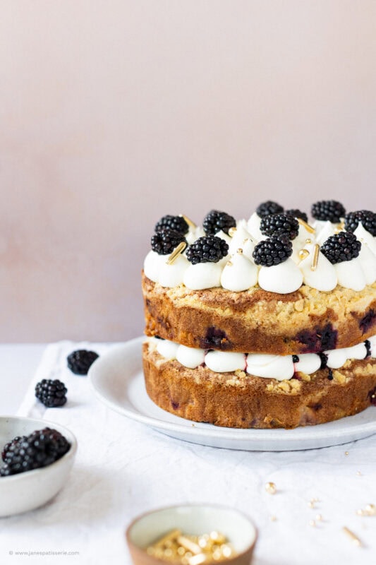 two-layer apple blackberry cake on plate