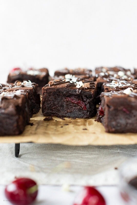 Cut black forest brownie slices on cooling tray