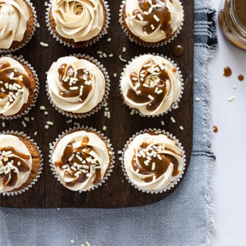 Butterscotch cupcakes in a row of 3