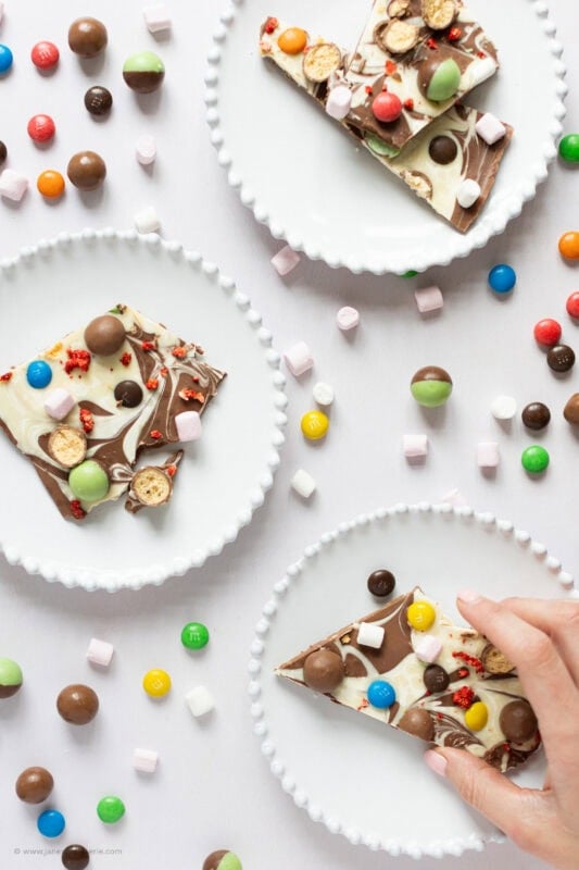 Multiple plates of chocolate bark