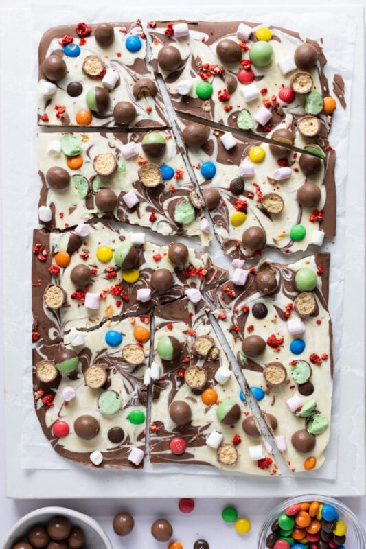 A large plate of chocolate bark