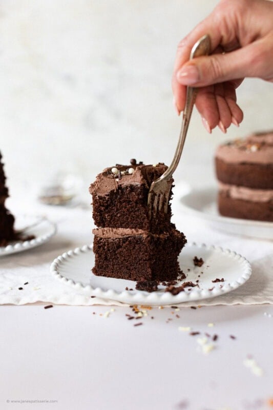 A slice of back to basics chocolate cake with a fork