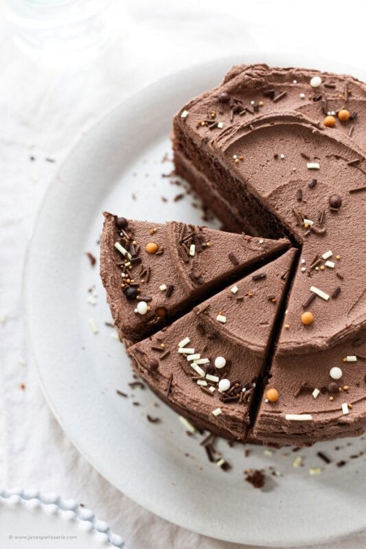 A slice taken from a back to basics chocolate cake