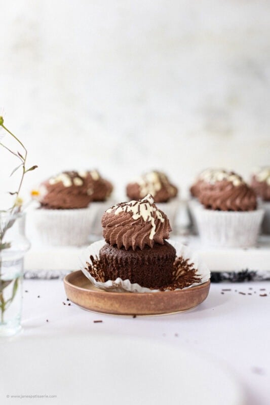 An uncased Chocolate Cupcake on a plate