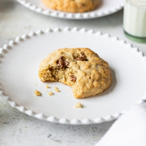 A half eaten chocolate oat cookie