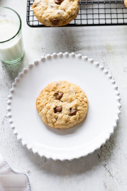 A single chocolate oat cookie on a plate