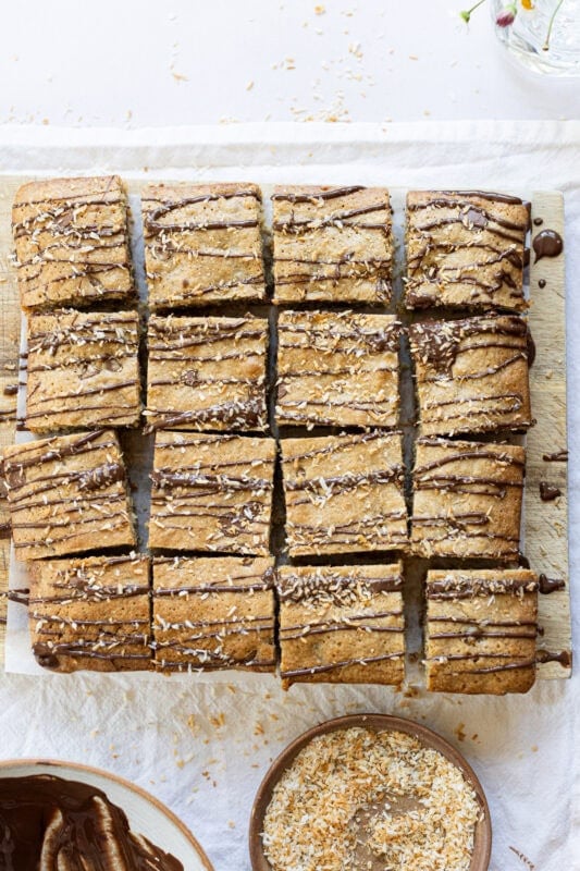 A tray of cut Coconut Chocolate Blondies