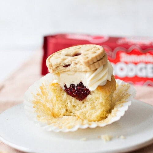 A bite taken from a Jammie Dodger Cupcake