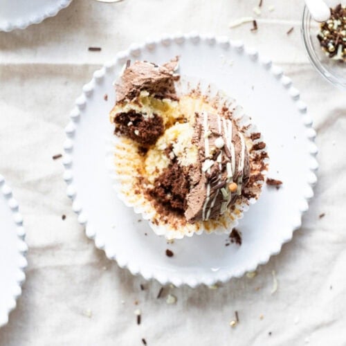 a bite missing from a marble cupcake