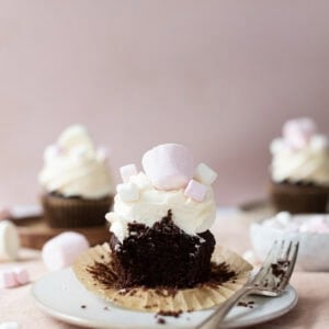 A bite taken from a marshmallow cupcake