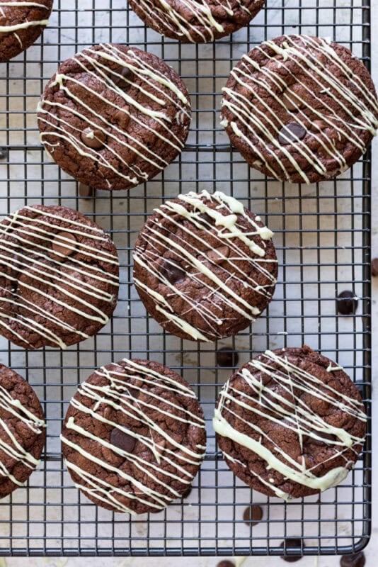 Mint chocolate cookies on a baking tray