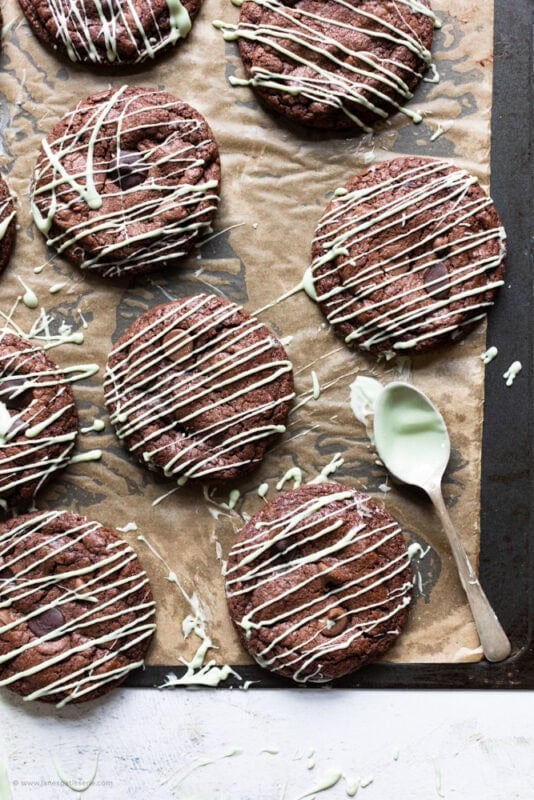 A baking tray of mint chocolate cookies