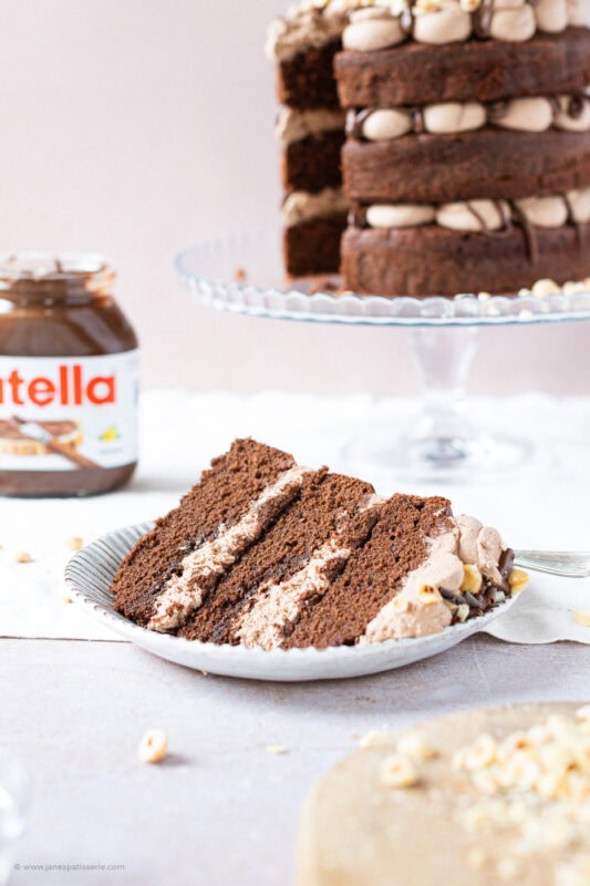 A slice of Nutella Cake on a white plate