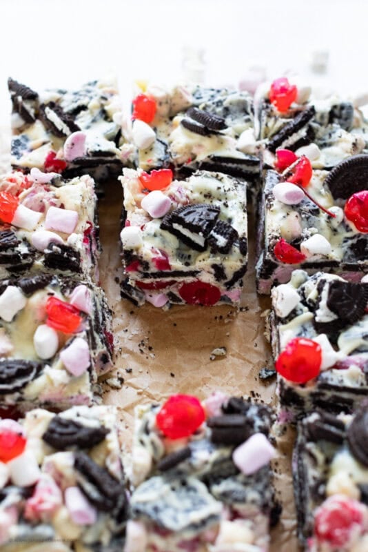 Lots of Oreo Rocky Road on a chopping board