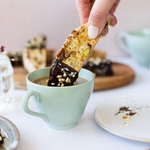 Dunking a Pistachio Hazelnut Chocolate Biscotti
