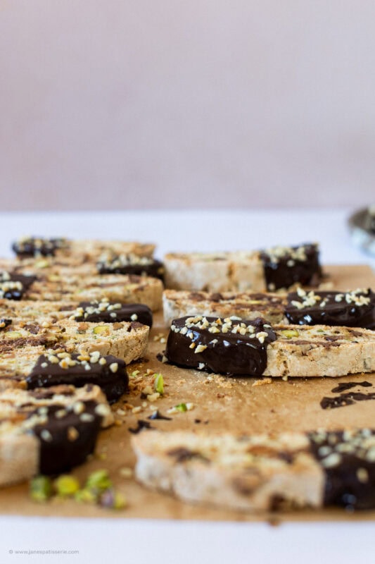 A low shot of Pistachio Hazelnut Chocolate Biscotti