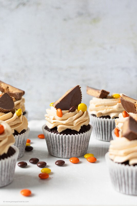 A single Reese's Peanut Butter Cupcake, decorated