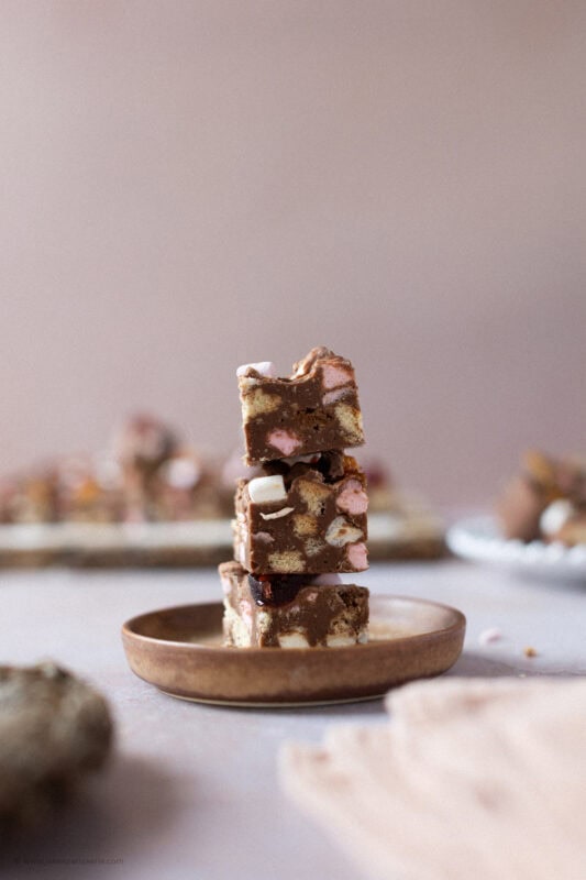 Three Rocky Road Fudge pieces on a plate