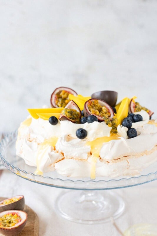 Close in on a Spring Pavlova on a cake stand