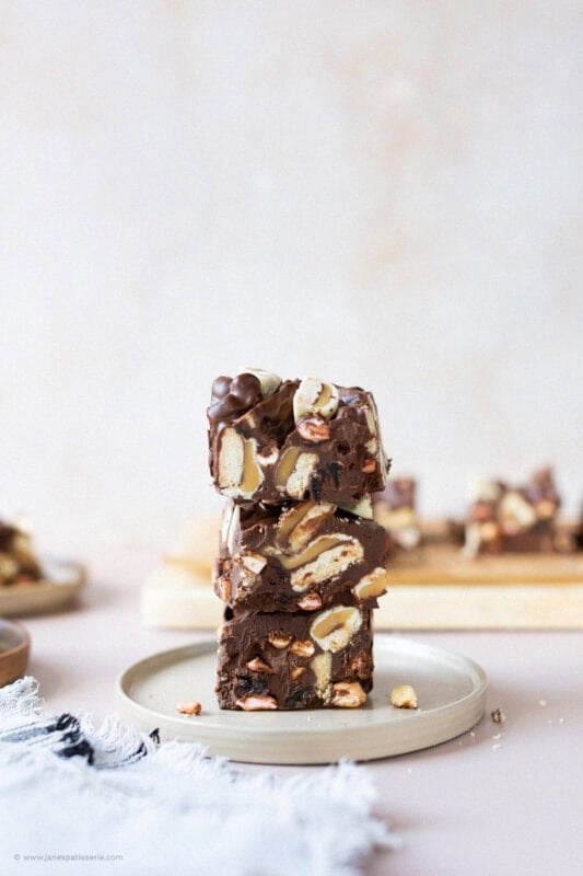 A stack of Rocky Road on a plate