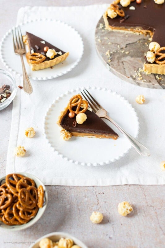 A plate and fork with a slice of Salted Caramel Tart