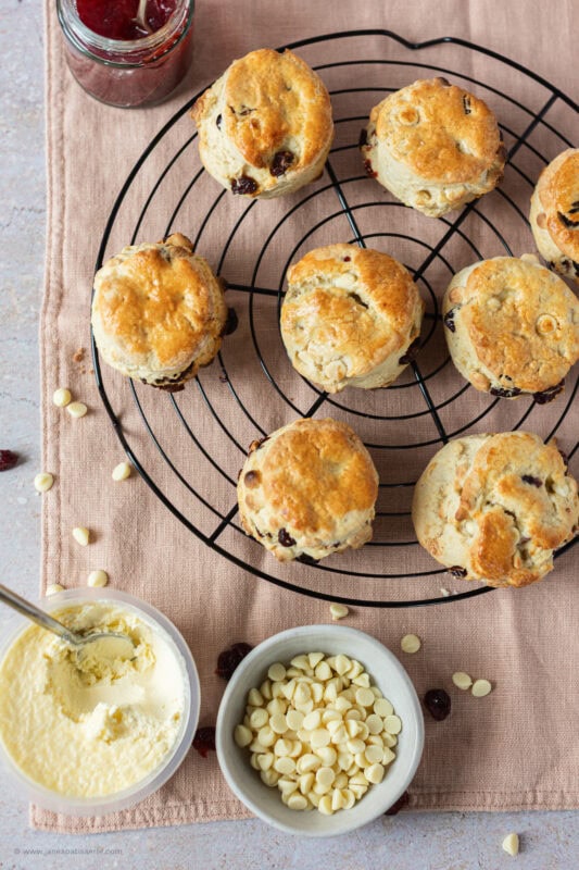 White Chocolate and Cranberry Scones cooling on a rack