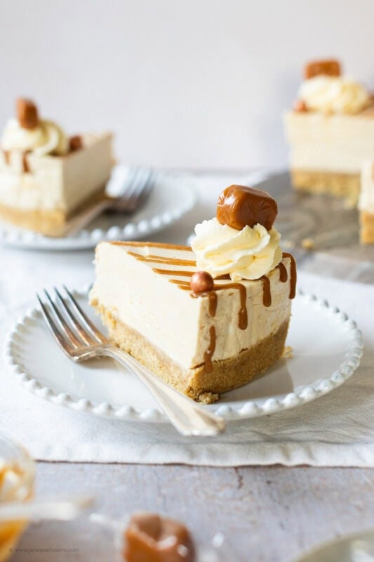 A slice of Butterscotch cheesecake on a plate