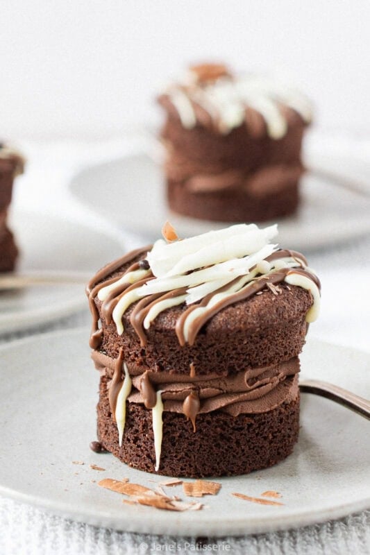 Close up of a single Mini Chocolate Cake on a plate