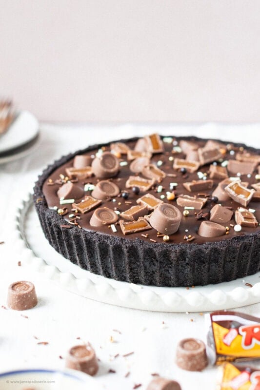 A fully decorated no-bake Rolo tart