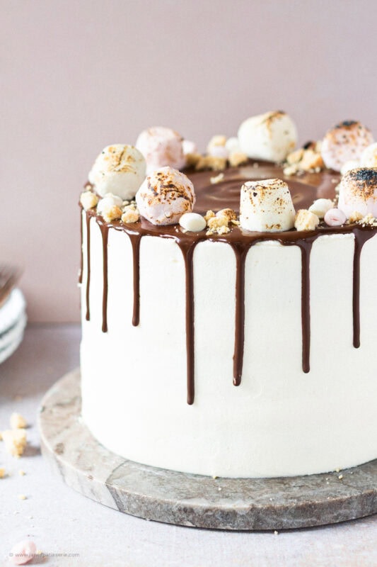 A finished Smores Cake on a circular serving tray