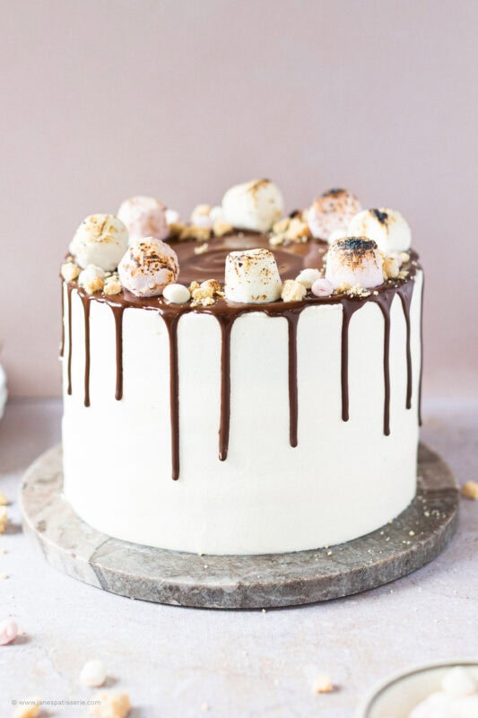 A full shot of the finished Smores Cake on a circular serving board
