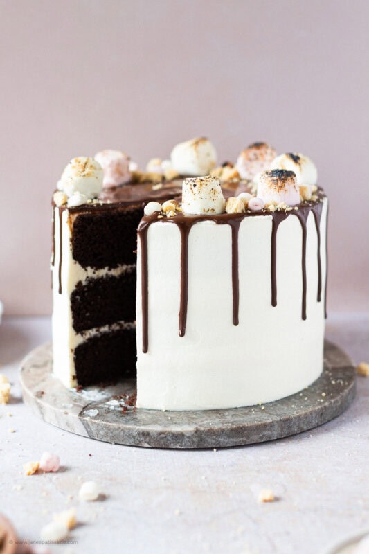 A slice taken from a finished smores cake