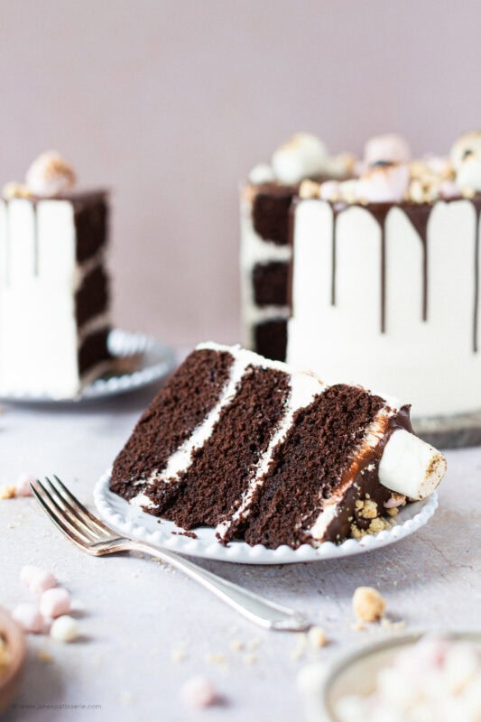 A slice of smores cake on a plate with a fork