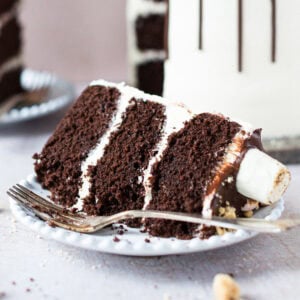 A close up of half-eaten slice of smores cake on a plate