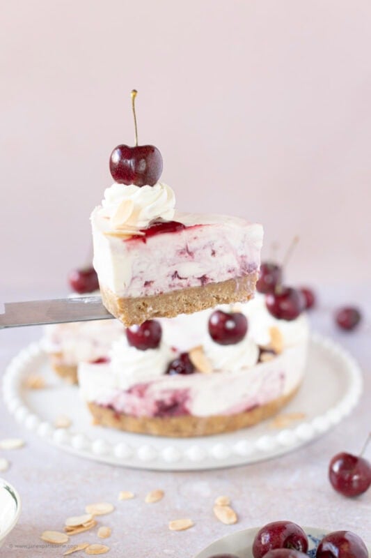 The swirls in the side of the Cherry Bakewell Cheesecake slice