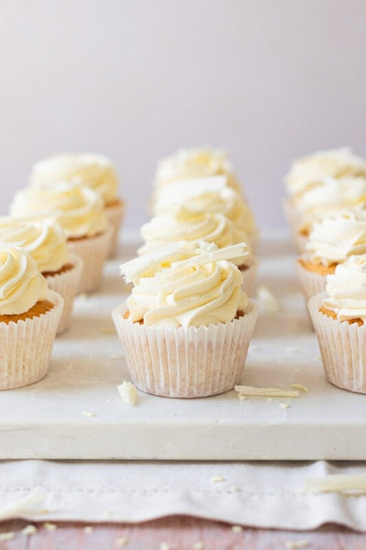 Close up on baked White Chocolate Cupcakes