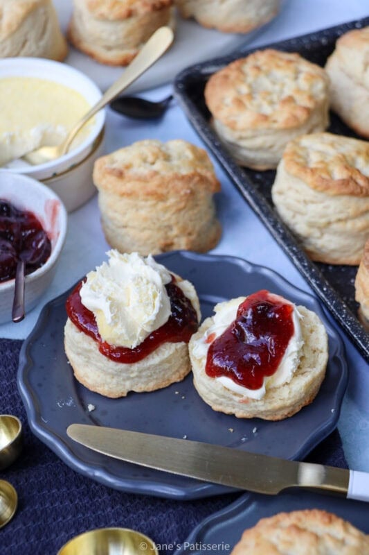 A plate with a buttermilk scone, jam and clotted cream.