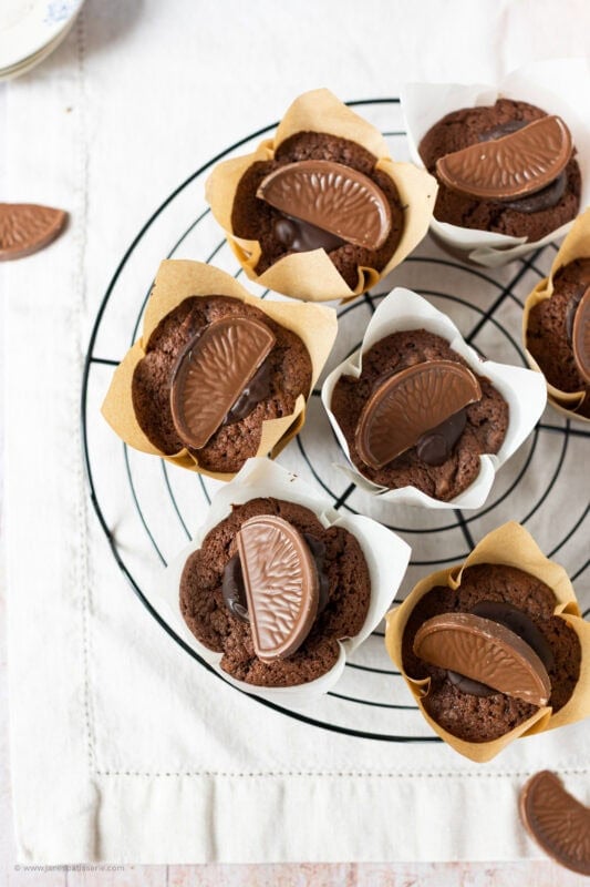 A cooling rack of Chocolate Orange Muffins