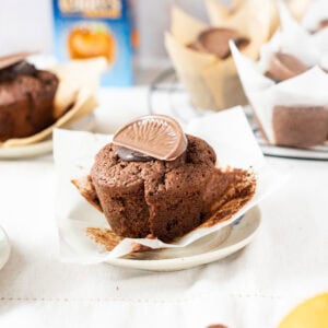 An unwrapped Chocolate Orange Muffin on a plate